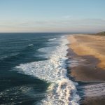 an aerial view of a beach and ocean