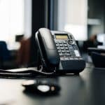 black ip desk phone on black wooden table