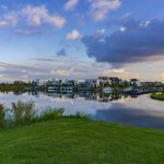 green grass field near body of water under blue sky during daytime