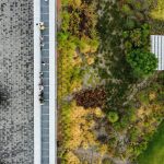 Aerial view of a modern landscape with greenery and paving.