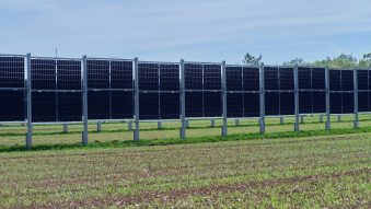 a row of solar panels in a field